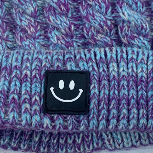 Kids Blue and Purple Stocking Hat with Pom Folded Cuff Fleece Interior Small - Picture 8 of 12
